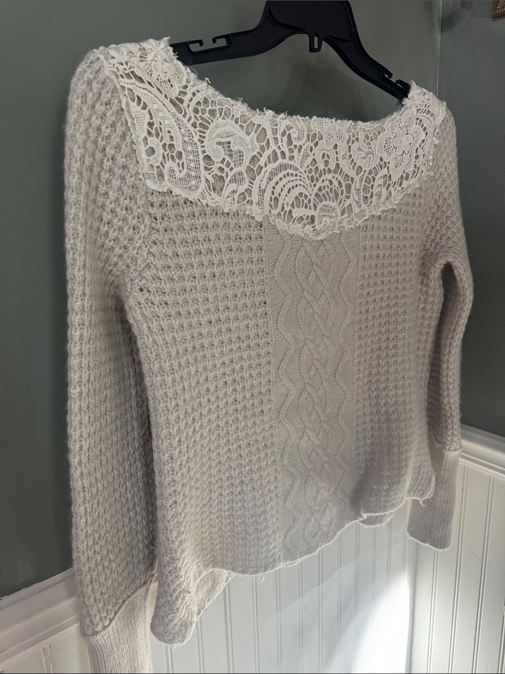 Free People Women's Cream Cable Knit Scoop Neck Sweater with Lace & Bead Detail - Picture 7 of 7